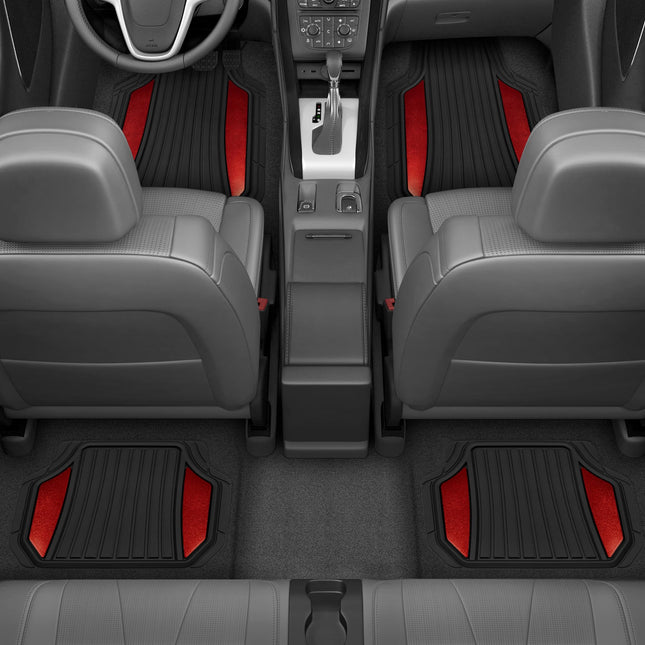 Juego completo de alfombrillas para coche Motor Trend ChromeTech - Alfombrillas de goma duraderas para coches con detalles de dos tonos, protección interior para todo tipo de clima para la parte delantera y trasera con reverso antideslizante, cromo rojo