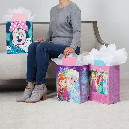 Hallmark 13" Large Disney Gift Bag Bundle (Pack of 3: Minnie Mouse, Princesses and Frozen) for Birthdays, Kids Parties or Any Occasion
