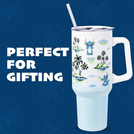 Silver Buffalo Lilo And Stitch Palm Sketch Pattern Stainless Steel Tumbler w Handle, 40 Ounces