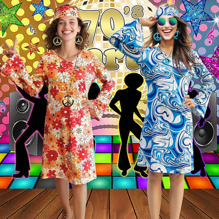 MRYUWB 70s Hippie Dress Costumes Necklace Earrings Sunglass Women Disco Outfit, 60s Party Costume, Halloween Retro Dresses, Flower Power Orange, XX-Large