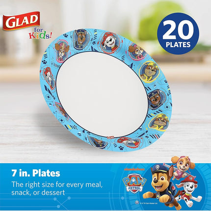 Glad for Kids Paw Patrol Paper Plates, Disposable Paw Patrol Plates for Kids, Heavy Duty Soak Proof Microwavable Paper Plates, Core Pups Blue 7 Inch Round Plates 20ct, Paw Patrol Birthday