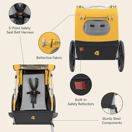 Remolque de bicicleta Retrospec Rover para niños - Remolque de bicicleta plegable/plegable de doble pasajero con ruedas de 16", reflectores de seguridad y compartimento de almacenamiento trasero - Sun