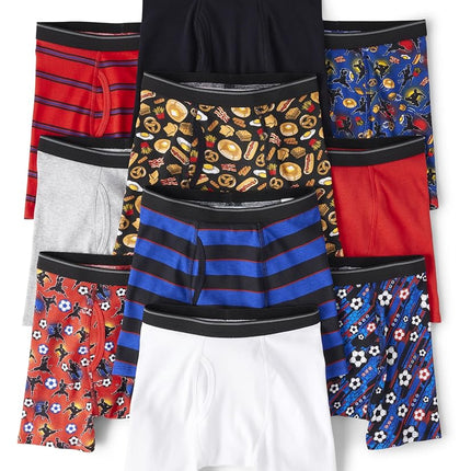 The Children's Place Boys' Cotton Boxer Briefs Underwear Variety 10-Pack, Black | China Red | Food Ninja_edge Blue | Foods_black | H/T Mist | See Comments | Soccer Balls_edge Blue | Soccer Ninja_china Red | Stripe 1_china Red | Stripe 5_edge Blue | Whi...