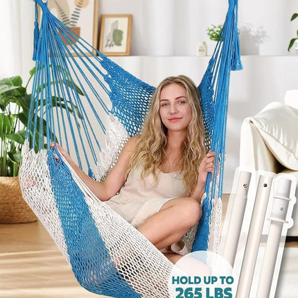 Chihee Handwoven Cotton Hammock Chair Large Hanging Rope Chair 7.9ft with Detachable Strong Metal Spreader Bar, Breathable Net Swing Seat Color Blocking, Portable with Carry Bag, Indoor Outdoor Use