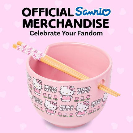 Silver Buffalo Sanrio Hello Kitty Flowers Pattern Cuenco de cerámica para ramen/arroz con palillos, apto para microondas, 590 ml