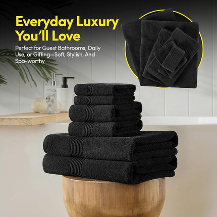 Juego de toallas de baño de 8 piezas – 100% algodón peinado – Baño + Mano + Toallas de cara – Toallas suaves y absorbentes con certificación Oeko-TEX con bordes duraderos de doble costura para baño o spa de invitados, Negro