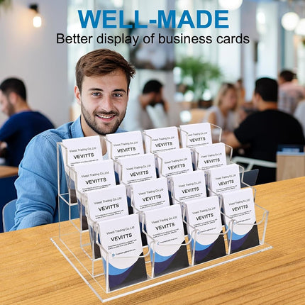 Clear Vertical Business Card Holder for Desk, Office Acrylic Business Card Display Holder Desktop Organizer Storage Cards Holders, Clear 4 Tiers 16 Pockets