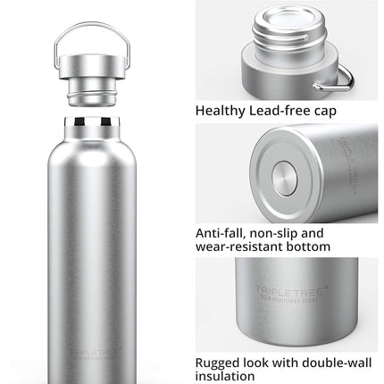 Triple Tree Vacuum Insulated Stainless Steel Water Bottle, Double Wall Wide Mouth Lids 34oz - Keeps Beverage Hot or Cold Sweat Proof