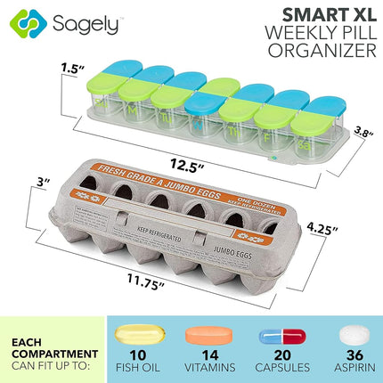 Sagely Smart Xl Weekly Pill Organizer - Sleek Am/Pm Twice A Day Pill Box With Free Smartphone Reminder App And 7 Day Travel Containers (Large Enough To Fit Fish Oil And Vitamin D) (Blue/Green)