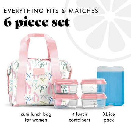 Fit & Fresh Neoprene Lunch Bag For Women, Insulated Womens Lunch Bag For Work, Tear & Stain Resistant Large Lunch Box For Women With Containers and Ice, Machine Washable Remi Bag, Dainty Bows