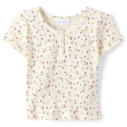 The Children's Place Girls' Basic Short Sleeve Knit Shirts, White Daisy Ribbed, Small