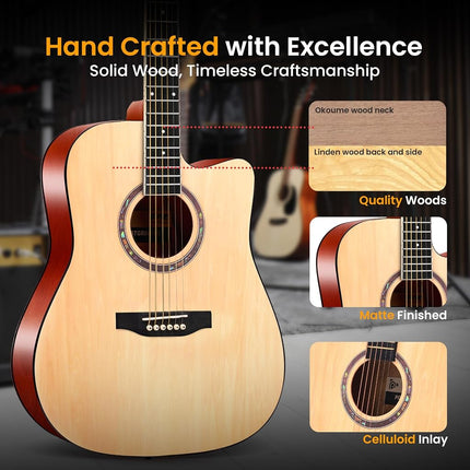Pyle Beginner Cutaway Acoustic Guitar Kit, 4/4 Full Size All Wood Dreadnought Stringed Instrument with Gig Bag, Steel Strings, Picks, Strap, Capo, For Students and Adults, Natural