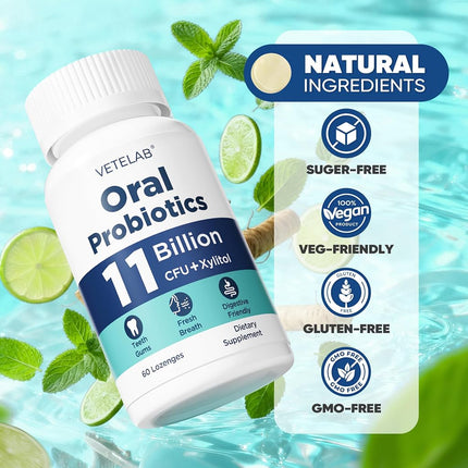 VeteLab Oral Probiotics for Mouth Bad Breath - 11 Billion CFU Chewable Probiotics for Teeth & Gums, Dry Mouth, Gum Restore, Fresh Breath, Chronic Halitosis & Gut Health, 60 Lozenges