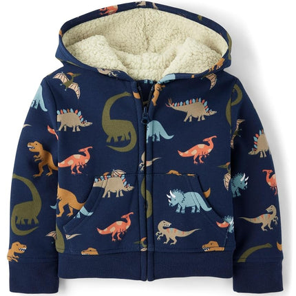 The Children's Place, sweat-shirt à capuche zippé, doublé Sherpa, à manches longues, pour bébés garçons et tout-petings, motif dinosaure bleu, 3T