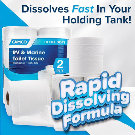 Camco Camper/RV Toilet Paper - 2-Ply - Septic Safe - Dissolves Fast - Dye & Fragrance Free - 16-Rolls (500 Sheets Per Roll) (40282)