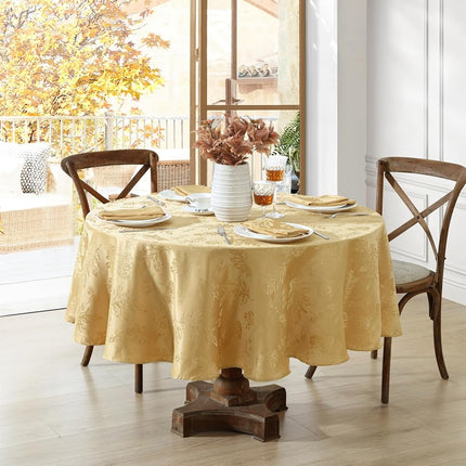 Elrene Home Fashions Elegant Woven Leaves Jacquard Damask Wrinkle Resistant Tablecloth, 60" x 84", Oval, Gold