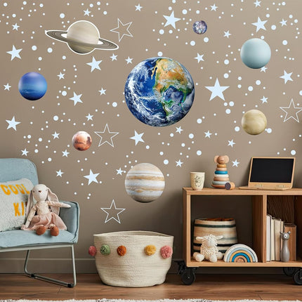 Estrellas que brillan en la oscuridad, pegatinas de pared de la Tierra, pegatinas de pared del sistema solar para dormitorio, decoración de planetas para techo de cuarto de bebé (azul)