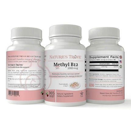 Vitamin B12 Methylcobalamin 1000 mcg, 365 Count, B12 Chewable Vitamins, Cherry Flavor, by Nature’s Trove