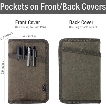 Tintris Journal Cover for Field Notes Notebooks Moleskine Cahier 3.5 x 5.5 with zipper pen holder, Water Resistant Pocket Notebook Cover for Journal Notebook planner, Classy Waxed Canvas, Olive