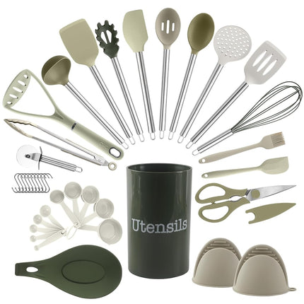 COOK WITH COLOR Silicone Cooking Utensils, 38-Piece Kitchen Utensil Set, Easy to Clean, Heat-Resistant, Non-Stick Safe, Green
