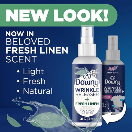 Downy Wrinkle Releaser, Odor Eliminator and Fabric Refresher, Crisp Linen Scent, Travel Essential, 3 Fl OZ (Pack of 2)