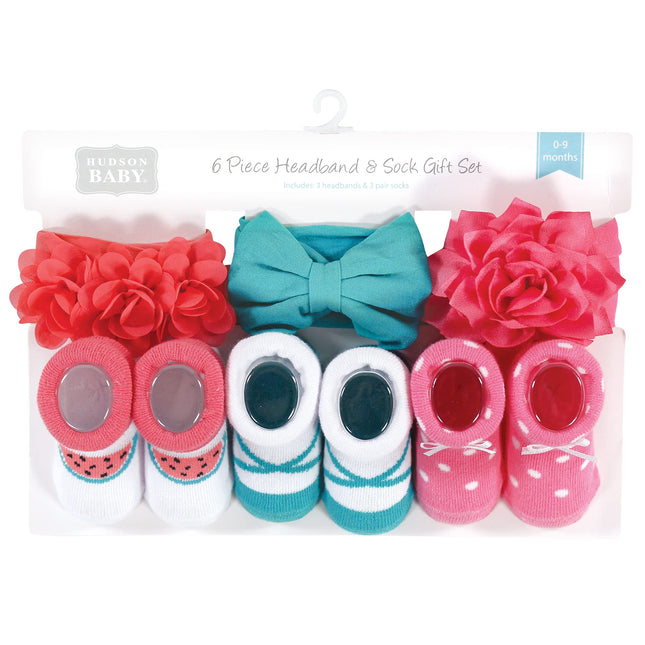 Hudson Baby Girl's Headband and Socks Giftset, Teal Coral, One Size