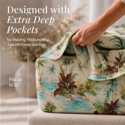 Tribeca Living Twin Bed Sheet Set, 300 Thread Count Soft Cotton Sateen, Floral Print with Extra Deep Pockets, 3-Piece Bedding Set, Paradise Island Multicolor