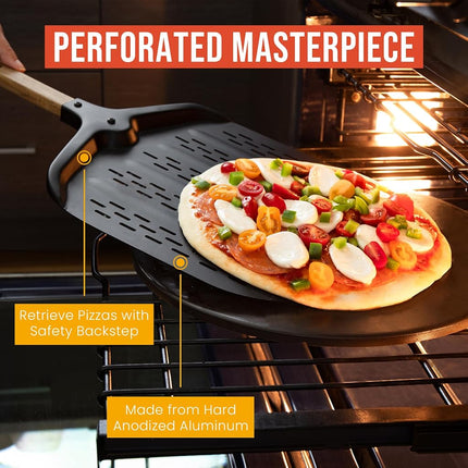 Chef Pomodoro Black Perforated Metal Pizza Peel 12-inch with Foldable Wood Handle for Easy Storage and 8-inch Aluminum Turning Pizza Peel with Detachable Wood Handle