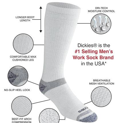 Dickies Men's Dri-tech Moisture Control Max Full Cushion Crew Socks, Available in M-XL (6, 12 Pairs), Boot Length White (6 Pairs), Large