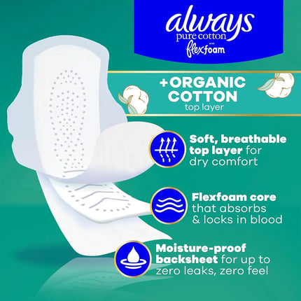 Always Pure Cotton Feminine Pads for Women, FlexFoam Pads with Wings, Size 4, Overnight Absorbency, Unscented, 60 Count (3 Packs of 20)