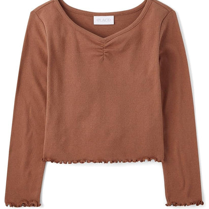 The Children's Place Girls' Basic Long Sleeve V-Neck Knit Shirts, Pecan Pie, XX-Large