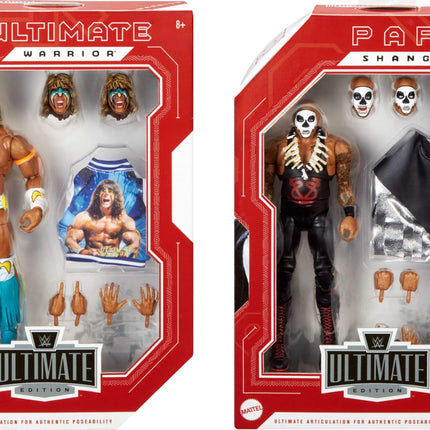 Mattel WWE Ultimate Edition Paquete de 2 figuras de acción, set coleccionable Greatest Grudges '92 con superestrellas de 6 pulgadas Ultimate Warrior y Papa Shango y accesorios