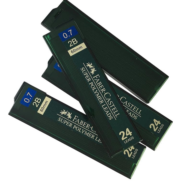 Faber-Castell 0.7mm 2B Super Polymer Premium Strong Dark Smooth Leads Mechanical Pencil Lead Refills For All 0.7 mm Mechanical Pencils (4 Tubes, 24 Leads Per Tube - Total 96 leads)
