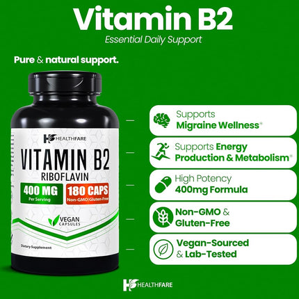 Vitamin B2 400mg | 180 Capsules | Riboflavin | Gluten Free & Non-GMO | HealthFare