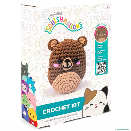 Squishmallows Omar the Bear Crochet Kit for Beginners, Adults and Kids Ages 8+ - Complete DIY Beginner Starter Set with Hook, Soft Yarn Bundles & Instructions - Crochet Animal Craft Gifts