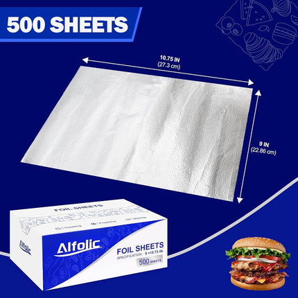 Alfolic Aluminum Foil Sheets - 9" x 10.75" Pre Cut Tin Foil, Premium Aluminum Foil Wraps for Cooking, Storing Food - 500 Sheets