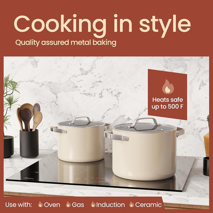 Faitout en aluminium de 8,5 litres crème avec couvercle, marmite antiadhésive à revêtement céramique, sans PTFE ni PFAS, allant au four jusqu'à 260 °C, poignées rivetées en acier inoxydable, couvercle en verre trempé, compatible tous feux
