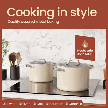 Cream 8.5 Quart Aluminum Stock Pot with Lid, Nonstick Ceramic Coated Boiling Pot, PTFE & PFAS Free, Oven Safe to 500°F, Riveted Stainless Steel Handles, Tempered Glass Lid, All Stove Compatible