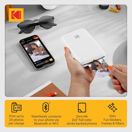 Kodak Step Instant Smartphone Photo Printer, Portable Mini Color Wireless Mobile Printer, Zink 2x3” (5.1x7.5 cm) Sticky-Back Photos, Bluetooth, 75 Sheets Bundle, White