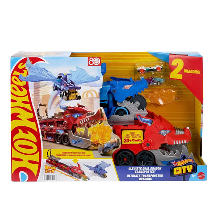 Hot Wheels City Ultimate Dual Dragon Transporter & 2 Die-Cast Cars