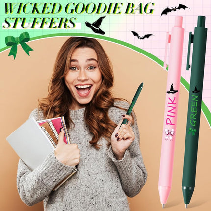 Crtiin 50 Pcs Gel Ink Pens Bulk with Witch Hat Funny Halloween Pink Green Ballpoint Pens Bulk Smooth Writing for Gifts Teacher Student Coworkers Staff Volunteer