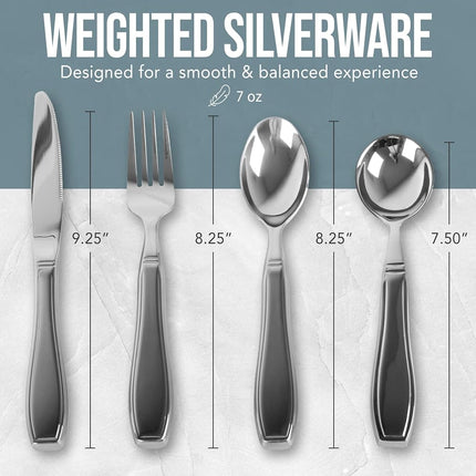 BUNMO Weighted Utensils for Tremors and Parkinsons Patients - Heavy Weight Silverware Set of Knife, Fork, 2 Spoons and Travel Bag - Adaptive Eating Flatware Helps Hand Tremor, Parkinson, Arthritis