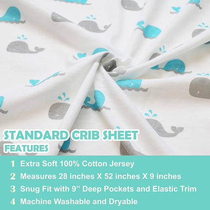 American Baby Natural Breathable Printed 100% Cotton Jersey Knit Fitted Crib Sheet for Standard Crib and Toddler Mattresses for Boys and Girls, Whale