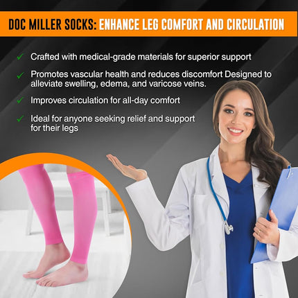 Doc Miller Calf Compression Sleeves for Men & Women, Footless Leg Compression Socks Support for Runners, 15–20mmHg Graduated, Shin Splints, Varicose Veins, Pain Relief & Swelling (1 Pair)