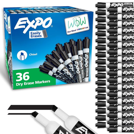 Marqueurs effaçables à sec Expo, peu odorants, pointe biseautée, noirs, paquet de 36