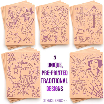 Stencil Skin 5 Pre Printed Tattoo Practice Skins Free Tutorial 3mm Fake Skins for Tattooing Traditional Set of 5, Extra Soft Skin