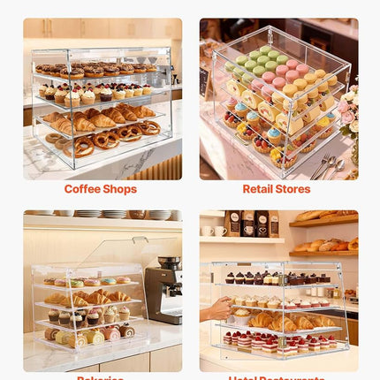 VEVOR Bakery Display Case, 4-Tier Commercial Countertop Pastry Display Case, Clear Acrylic Bread Box for Kitchen, Party Cake Cabinet with Magnetic Rear Door for Cookie Dessert Donut, 530x435x415 mm