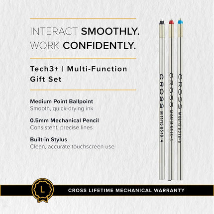 Stylo multifonction CROSS Tech3+ noir brossé PVD avec stylet et mine de 0,5 mm