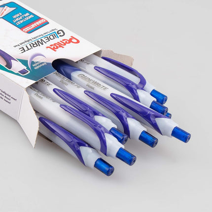 Pentel Pens, GlideWrite Ballpoint Pen with TechniFLO Ink - Bulk Pack of 12 BLUE Ink Pens 1.0mm with Retractable Barrel Design - Easy Grip & Smooth Writing, Metal Tip, Medium point pen.