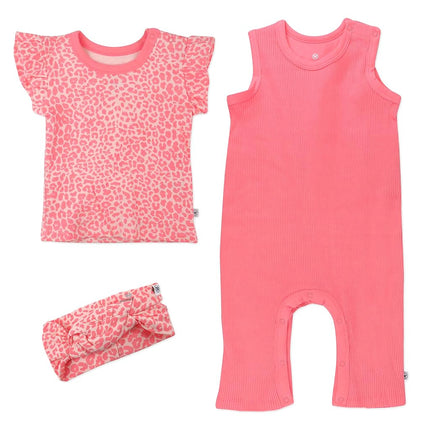 HonestBaby Baby Girls' Organic Cotton Sleeveless Rib Romper, T-Shirt and Headband Toddler Set, Mini Cheetah Coral, 18 Months (Pack of 3)